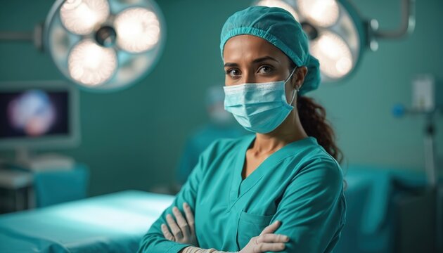 Indian woman surgeon stands confidently in modern operating room. Wears teal scrubs, mask, cap, gloves. Medical professional looks directly at camera. Hospital health care setting with bright surgery