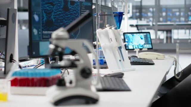 Clinical microscope used for sample examination in empty hospital diagnostic lab next to computer. Optical device gear on medical laboratory workbench and DNA software on PC monitor, panning shot