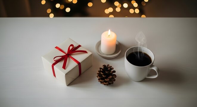 A cozy holiday setting with a steaming cup of coffee, a lit candle, a pinecone, and a gift box with a red ribbon.
