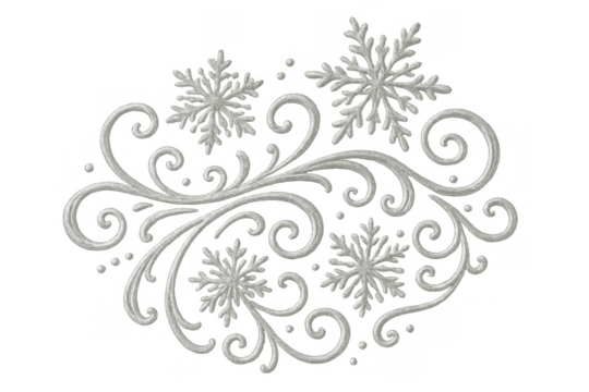 Silver glittering snowflakes and swirling scrollwork forming winter holiday border ornament on transparent background