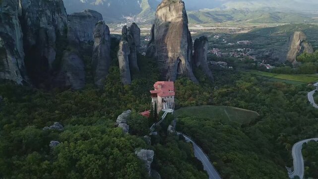 Morning Aerial View of Rousanos Monastery in Meteora, Greece
