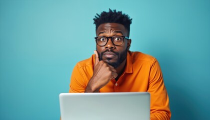 Confused African American man in orange shirt and glasses looks at laptop screen. Guy has worried expression, hand on chin, thinking about computer problem. Isolated on blue.