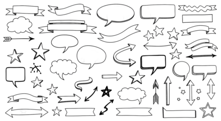 Dynamic hand drawn speech bubbles banners arrows and stars for creative design and communication projects