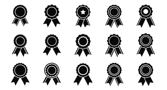 Collection of modern award ribbons and rosettes for achievement recognition and success