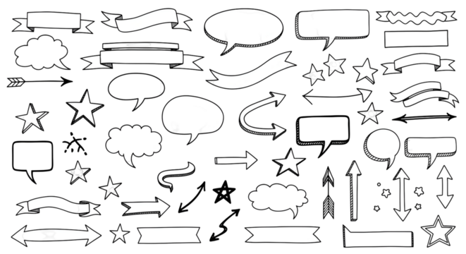 Dynamic hand drawn speech bubbles banners arrows and stars for creative design and communication projects