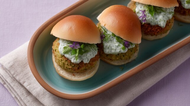 Gourmet mini veggie sliders with lettuce and tzatziki-style dip, served with fresh cucumber.