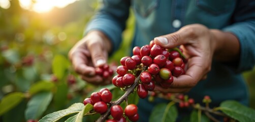 Person harvesting red coffee cherries from branch. Hands pick ripe berries in plantation field. Natural sunlight illuminates coffee farm, showing crop cultivation process.