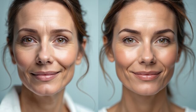 Mature woman comparison before after cosmetic procedure. Skin rejuvenation and anti aging treatment shows youthful results. Face lift and beauty care for aesthetic medicine. - Powered by Adobe