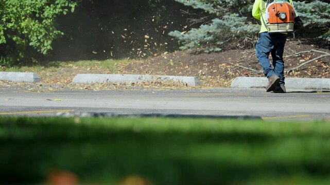 Worker using a leaf blower to clear fallen leaves and debris along the edge of the street or parking lot. Dust and dry leaves swirl into the air as the blower operates.