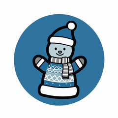 Cartoon snowman wearing a blue sweater and scarf on a circular background  