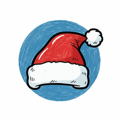 Red Christmas hat with white fur trim on blue circular background  