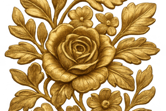 Golden baroque floral ornament featuring a detailed rose and leaves, elegant decorative element with transparent background