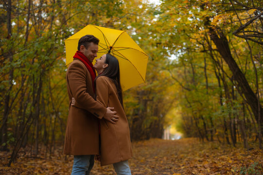 Fototapeta Romantic couple standing under yellow umbrella in autumn park, smiling and embracing among colorful fall trees, wearing matching brown coats and enjoying cozy outdoor moment.