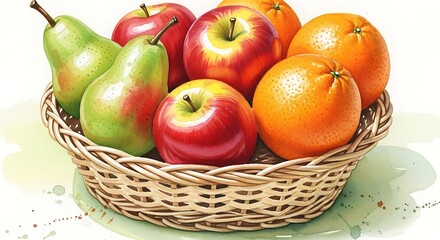 Basket of Fresh Fruits - Apples, Oranges, and Pears.