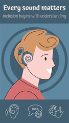 Smiling boy with hearing aid sitting outdoors, concept of inclusion and accessibility