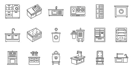 kitchen equipment icons representing diverse appliances in outline style ideal for culinary blogs menu design and highlighting modern kitchen solutions.