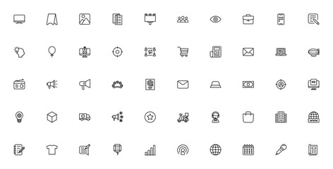 Advertisement icon set. Vector business collection faturing TV, billboard, socal media, target audience,campaign, email, radio, maazine and more. Editable sroke.