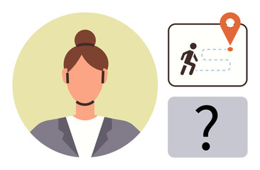 Female avatar with a headset, map route with location pin, and a question mark symbol. Ideal for problem-solving, navigation, remote work, customer support, decision-making, leadership consulting