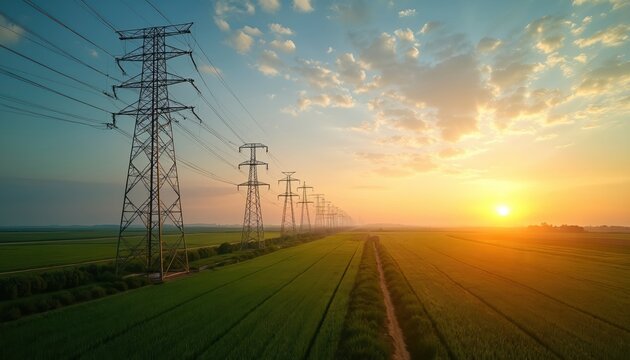 Electricity pylons stretch across green fields at sunset. Tall power lines carry energy over rural landscape under a bright sky. Nature meets industrial infrastructure in a serene evening scene. - Powered by Adobe