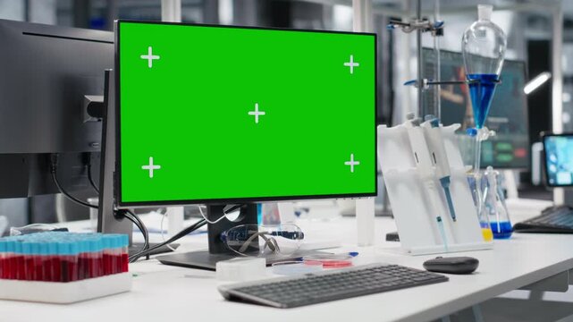 Isolated screen computer in modern laboratory used for molecular analysis research. Chroma key PC in medical research facility lab used for DNA data comparison, zoom out shot