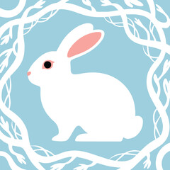 rabbit whimsical animal illustration with leaf frame vector art
