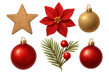 Christmas holiday decorations set with star, poinsettia, red and gold tree baubles, pine branch, and berries on transparent background