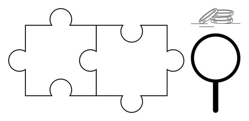 Connected puzzle pieces with coins and magnifying glass symbolize teamwork, problem-solving, analysis, and value discovery. Ideal for collaboration, finances, strategy, research, partnerships © robu_s