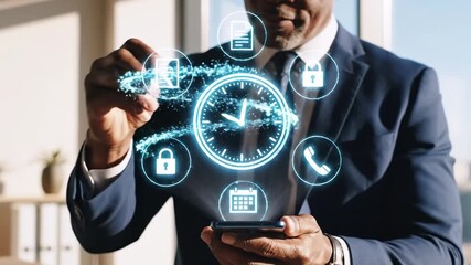 Businessman in suit interacts with a digital interface, including a clock and icons - Powered by Adobe