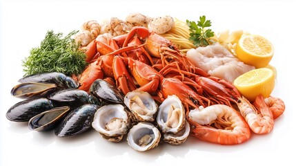 Fresh seafood assortment featuring shrimp, crab, mussels, oysters, and fish, garnished with herbs and lemon slices, showcasing vibrant colors and textures for culinary inspiration