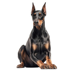 Elegant Doberman Pinscher standing alert isolated on transparent background &ndash; black and tan guard dog