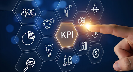 KPI Business Performance Data Analytics Human Hand Blue Background