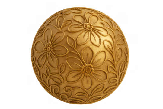 Golden sphere object with carved floral pattern, decorative embossed design element on transparent background
