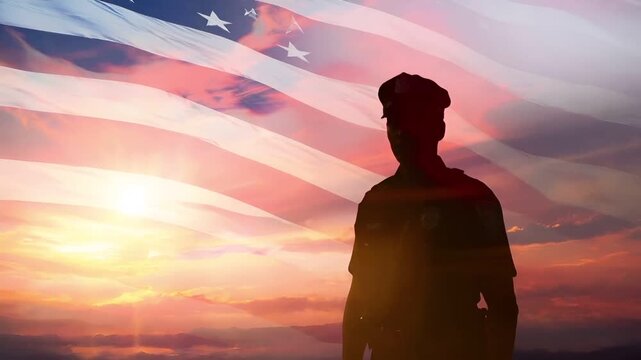 A silhouette of a police officer stands against a backdrop of the American flag during sunset. The sky is painted in hues of pink, orange, and purple.