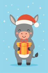 Cute Christmas Donkey Holding Gift Box in Modern Flat Design