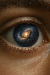 Cosmic Gaze: An eye gazing, a beautiful and complex cosmos reflected in the pupil, offering a glimpse into the vastness of the universe. 