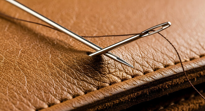 sewing needle with brown thread in leather material