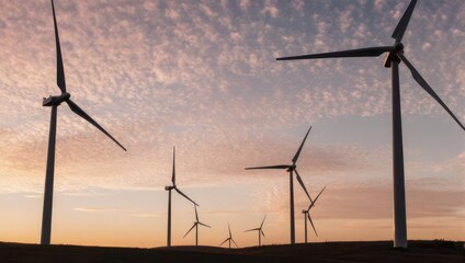 Wind turbines on a barren landscape under a beautiful, clouded sunset sky, creating renewable energy