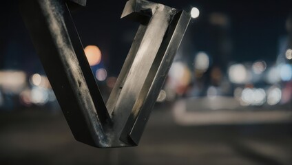 Close-up of a large, weathered metal "V" against a blurred cityscape at night