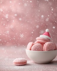 pink macarons covered in coconut flakes, small Santa hat, white bowl, soft pink background with snowflakes, copy space. festive winter sweets, Christmas dessert, bakery, confectionery, holiday baking.