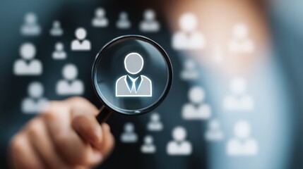HRM or Human Resource Management, Magnifier glass focus to manager icon which is among staff icons for human development recruitment leadership and customer target. resume, interview. generate by AI