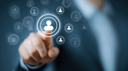 HRM or Human Resource Management, manager icon which is among staff icons for human development recruitment leadership and customer target, resume, interview. generate by AI