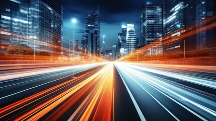 Light trails on the modern building background. Light trails at night in urban environment, Abstract Motion Blur City, traffic, transportation, street, road, speed