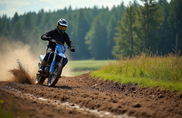 Obraz premium A motocross rider speeds along a dusty dirt track kicking up dirt. The rider wears protective gear and a helmet. Green trees and grass border the path.