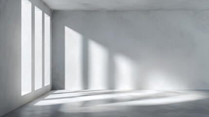 abstract. minimalistic background for product presentation. walls in  large empty room. can full of sunlight. Loft wall or minimalist wall. Shadow, light from windows to plaster wall.