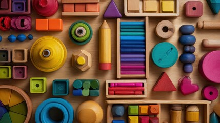 Toy many colorful educational wooden. play, Top view, executive function, kid, skill, education, intelligence quotient, emotional quotient, childhood, development