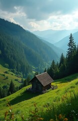 Obraz premium Wooden cabin on a green mountain slope with evergreen trees stretching into hazy blue distant peaks. Sunlight casts shadows across the grassy hillside under a partly cloudy sky.