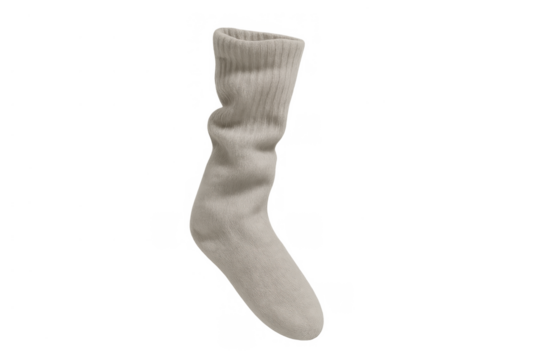 Cream casual sock isolated on transparent background, soft knitwear for comfort and daily use