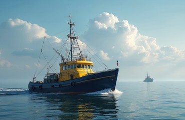 Fototapeta premium Fishing trawler sails on calm blue sea under bright sky with fluffy clouds. Another boat visible in distance. Nautical scene with marine vessel on water.