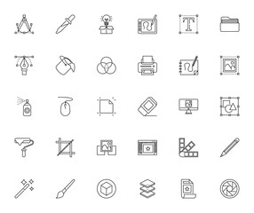 Graphic Design icon set. Vector design tools collecton. Includes symbols for setch, pen tool, color palete, layers, software, monior and more. Editable stroe.