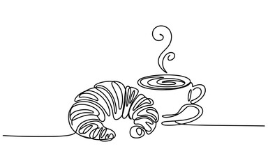 a steaming coffee cup with a croissant, simple breakfast concept representing relaxation, morning, and comfort.